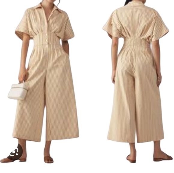 Anthropologie Exquise Danna Jumpsuit Women's Medium Camel Beige Wide Leg Striped